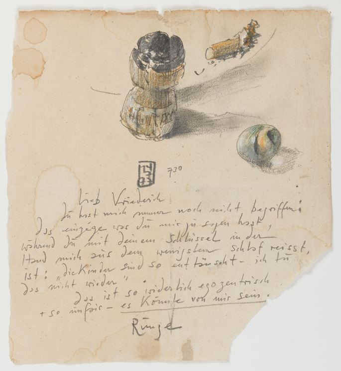 Horst JANSSEN - Letter to Viola Rackow, with a Still Life of a Champagne Cork and a Cigarette Butt | MasterArt